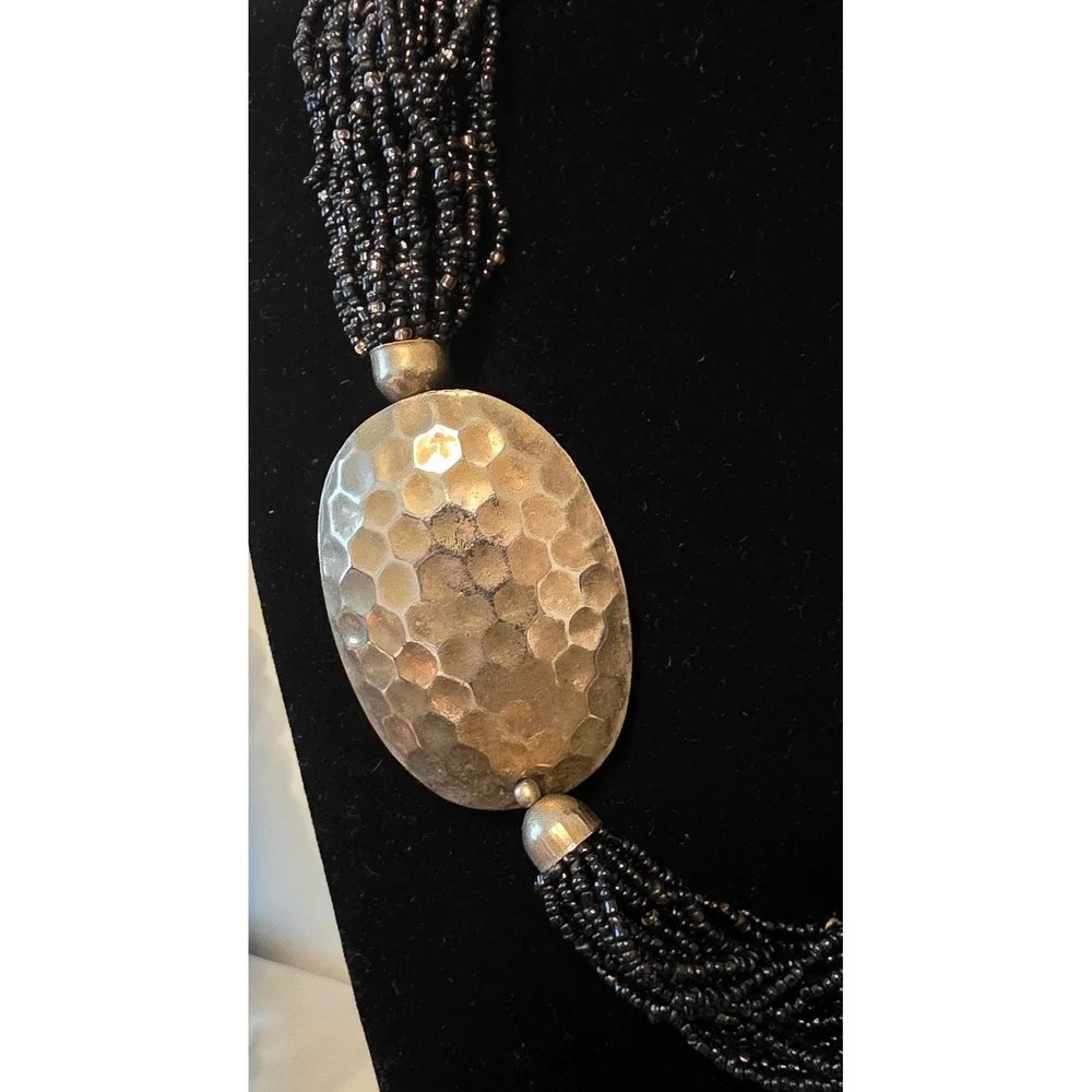 Vintage Necklace‎ Statement Black Beaded Multi-Strand Hammered Metal Pendant